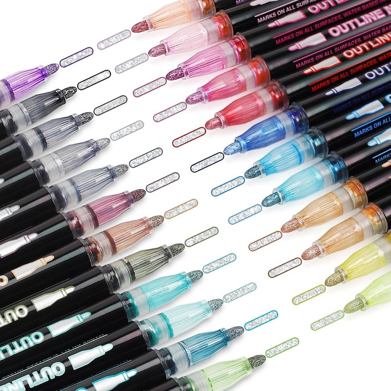 AKUBLE Shimmer Markers Doodle Outline Pens - Stocking Stuffers Kids Teen Tween Girls Ages 4 8 10 12 Year Old Gift Present 24 Colors Metallic Glitter Double Line Sparkle Set Art Craft Drawing Supplies Stuff - Image 2